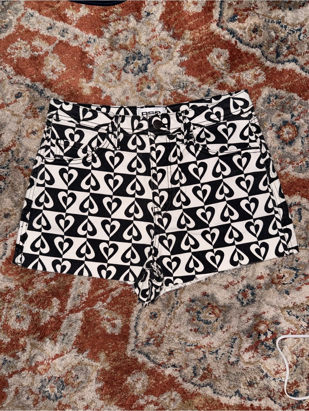 RSQ Black & White Heart-Print Jean Shorts